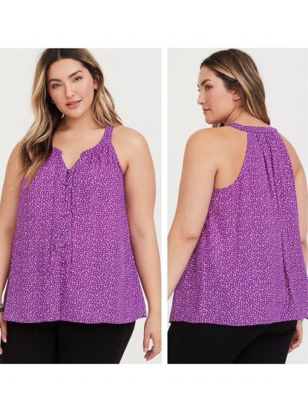 TORRID 3 Plus Size Purple Dotted Split Neck Georgette Tank White Polka Dot Top